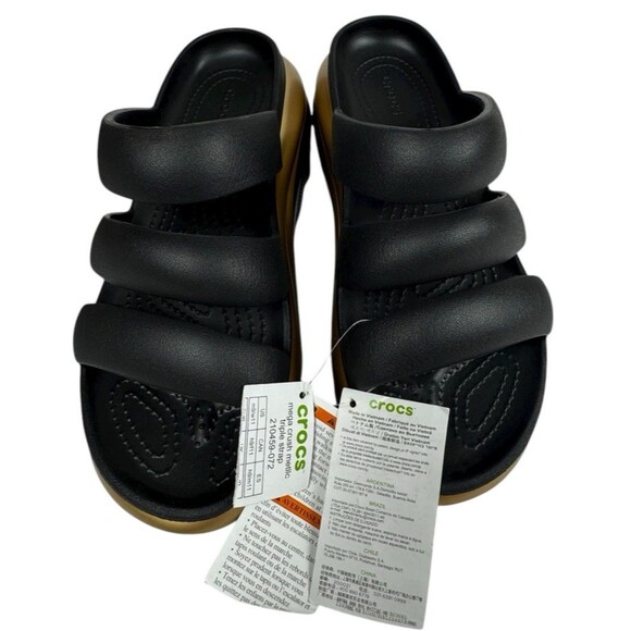 Crocs Mega Crush Women 11 Men 9 Black & Gold Triple Strap Platform Sandal New - Picture 4 of 9